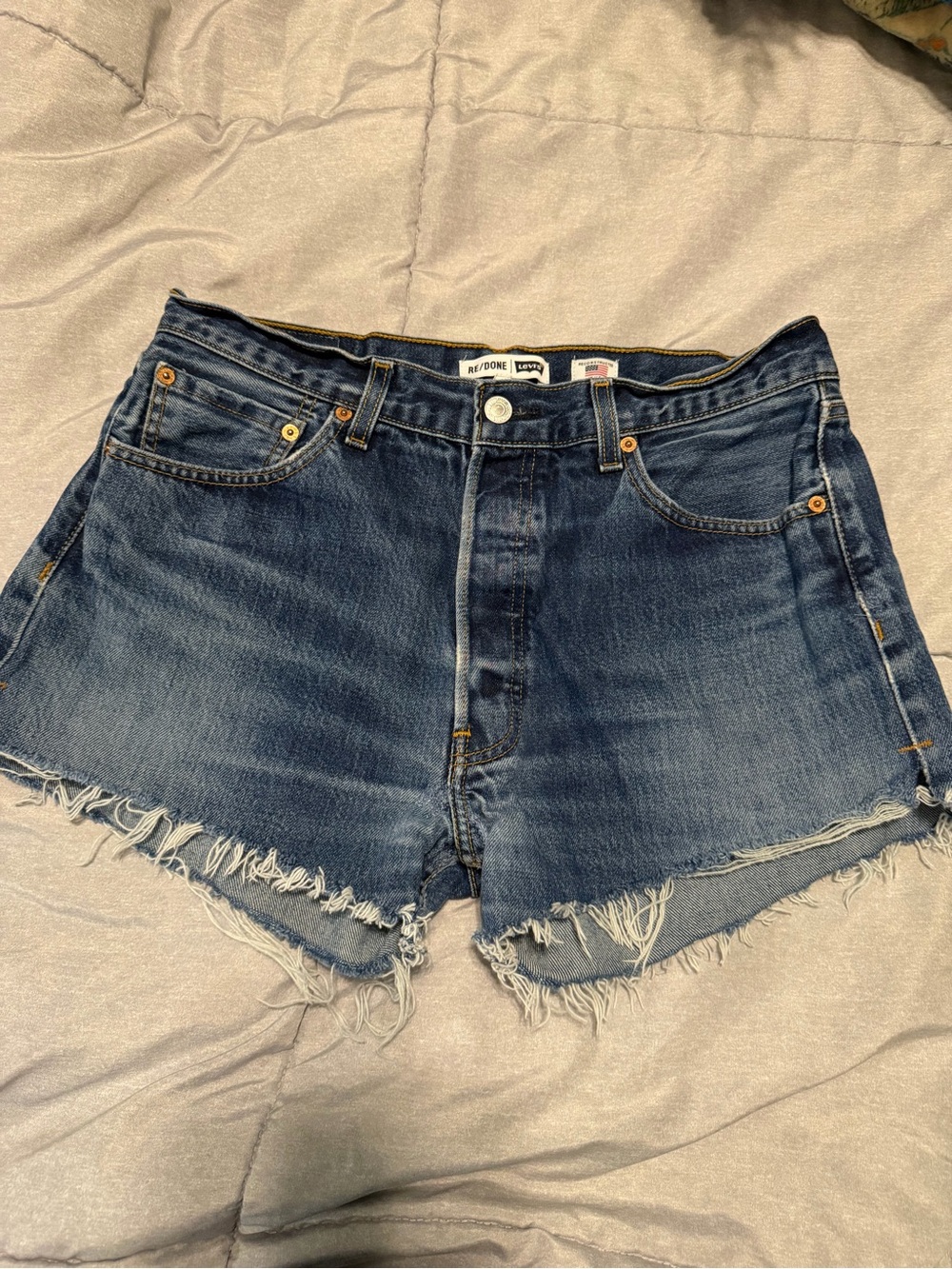 Re/Done Frayed High-Rise Denim Cutoff Shorts — Blue